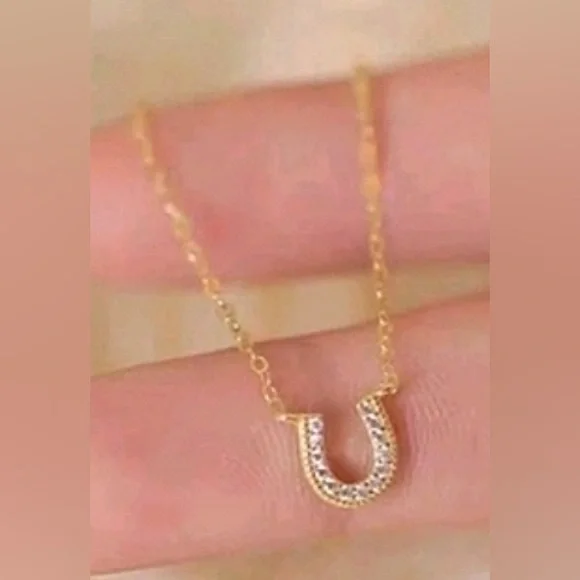 Horseshoe Necklace Gold Plated .925 Lined with Cubic Zirconias, New! - Picture 3 of 3
